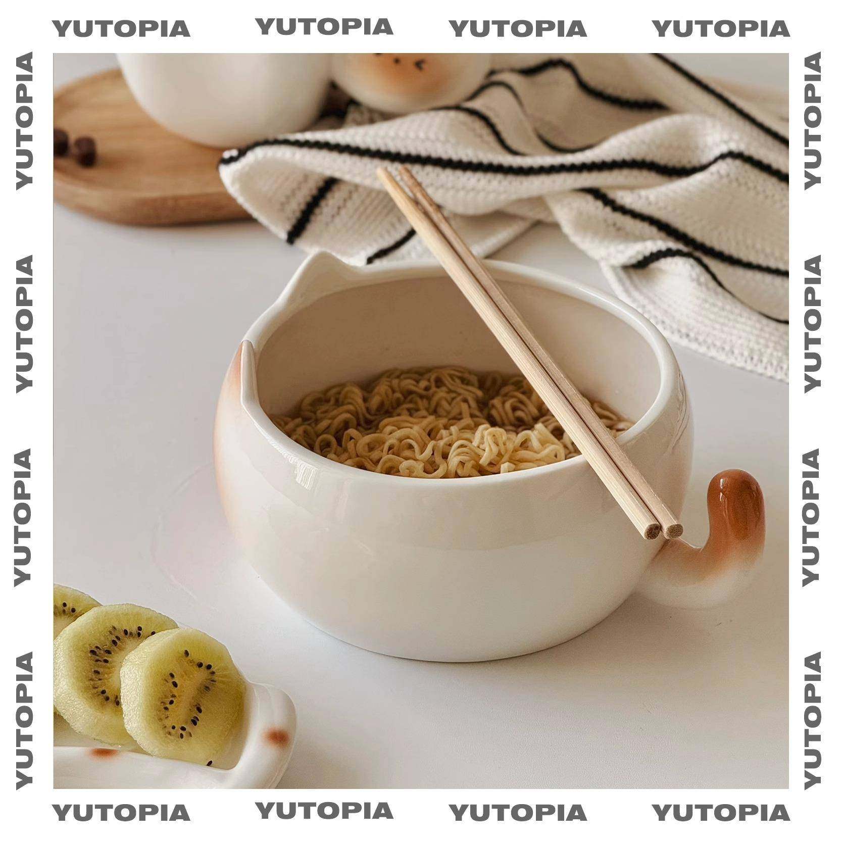 屿轩可爱暹罗YVE猫早面碗沙拉碗带蘸盖料盘家泡用宿舍陶瓷餐碗汤