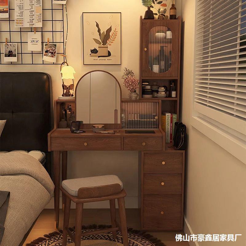 中古风全实木梳妆台收纳柜一体组合化妆桌小户型窄小户型省空间