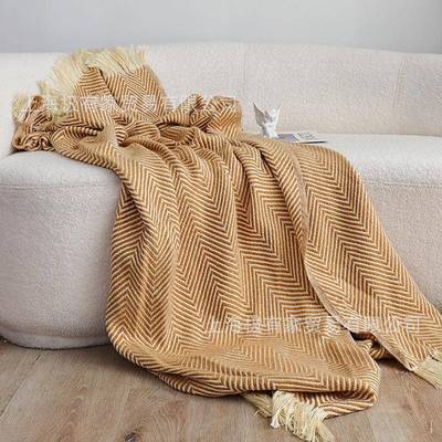 美式复古人字编尾织毯沙客厅发毯毛毯民宿床巾床旗毯纹子OSK样板
