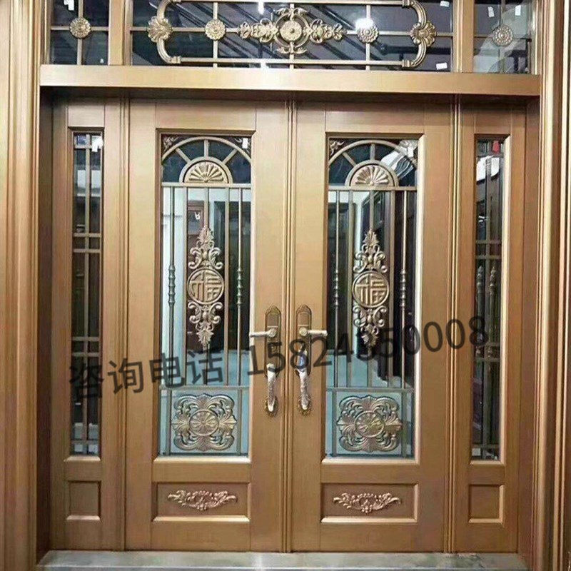 农村庭院别墅大门开门锌合金入户玻璃防盗门乡村仿真铜不锈钢门