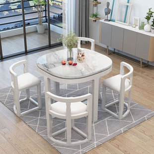 大理石简约现代小户型餐厅家用一桌4椅省空间隐藏实木餐桌椅组合