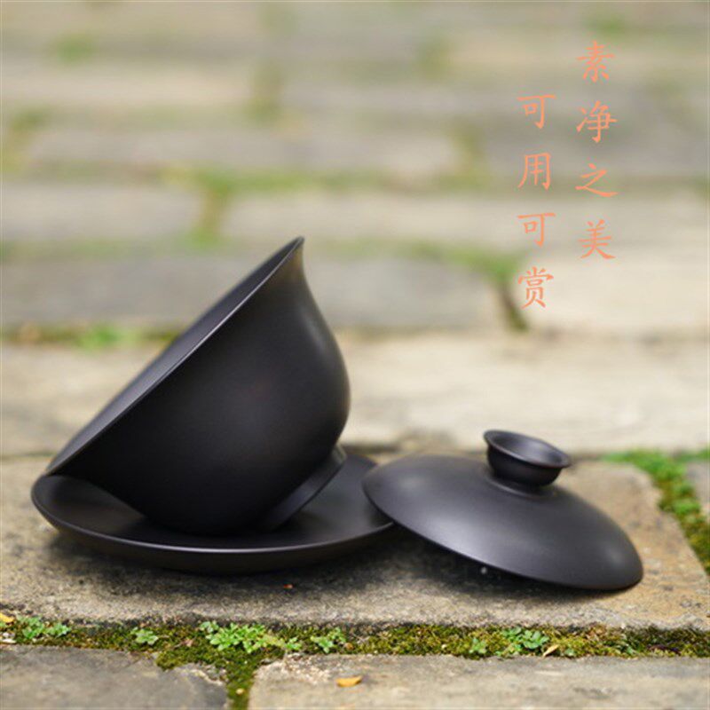 云南建水紫陶盖碗三才碗复古茶碗纯手工制泡茶碗茶道茶具泡茶杯非