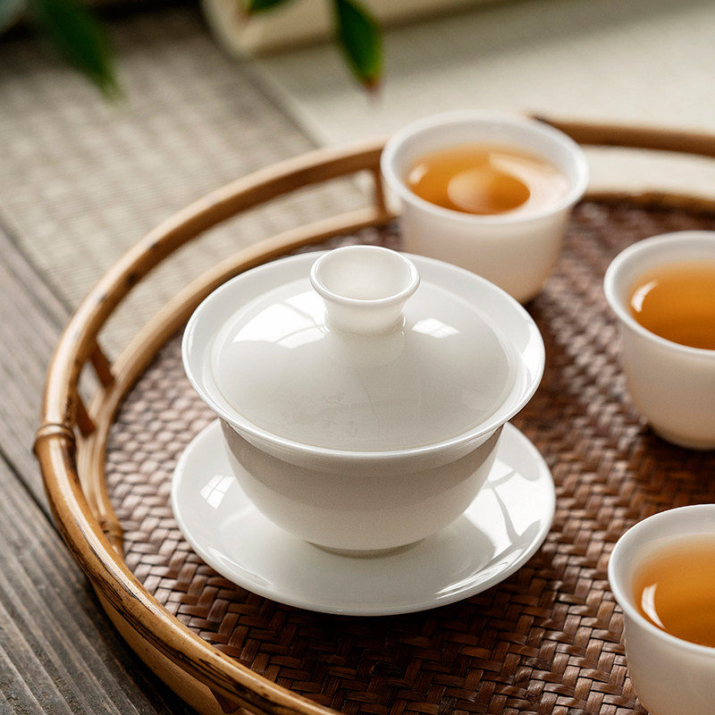小盖碗羊脂玉白瓷陶瓷小号冲茶试茶工功夫儿童小孩单人茶具80cc