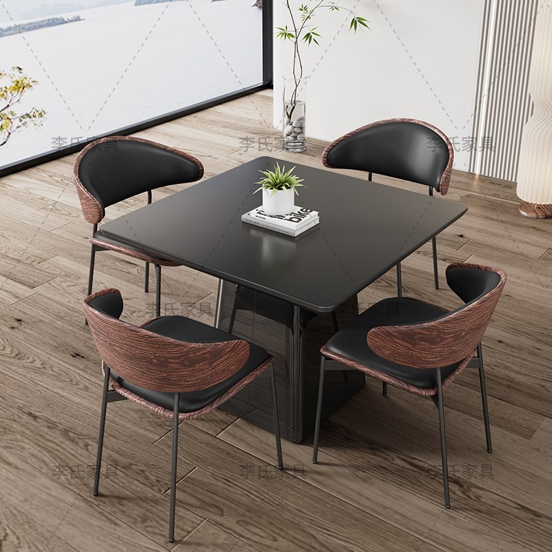 高端正方形岩板餐桌家用意式简约休闲接待洽谈桌椅组合小户型饭桌