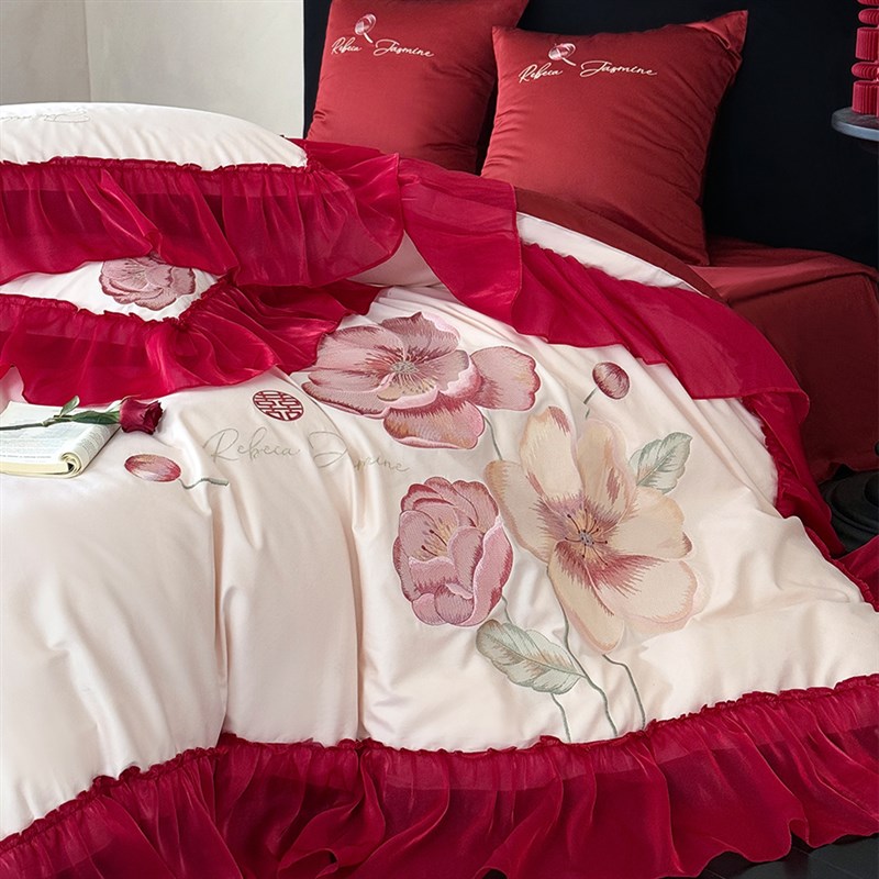 简约素雅大绣花婚庆床品100支全棉蕾丝花边结婚被套床单1.8米床笠