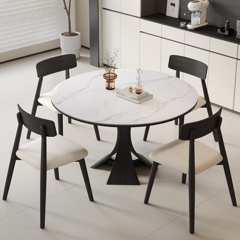 法式复古窈窕纯白岩板餐桌圆桌现代家用小户型奶油风圆形实木饭桌