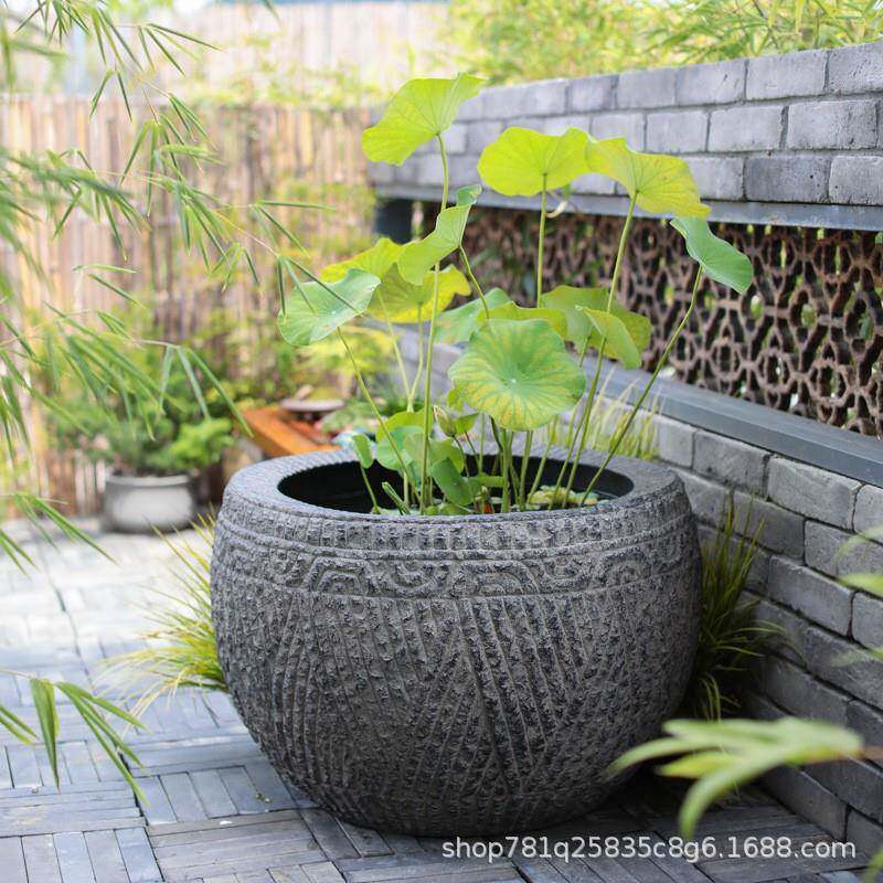 仿古青石摆鱼荷花雕刻鱼景观件缸别墅无品牌/缸庭院户外门海造景