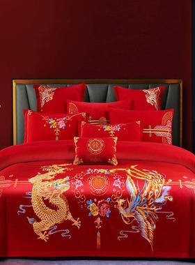 婚庆四件套大红结刺绣床上用品新婚喜色被龙凤00231-97绣花床品喜