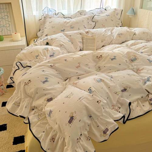 高颜公值韩版主花OXV边软四被件套水洗棉柔亲肤套床单宿舍三件套