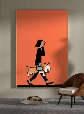 小客厅玄装饰画橙色女孩遛狗卡通关柯基OOW版狗儿童房壁画艺术竖