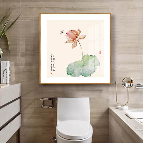 生壁间挂荷花图正方形原木装饰画新中式YEQ茶画室玄关客厅餐卫厅