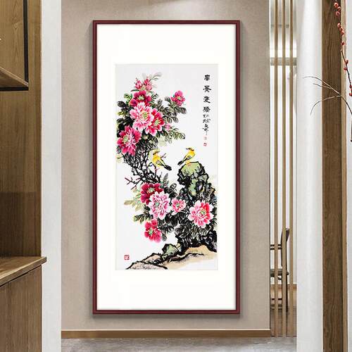 丹挂画牡厅竖版玄FWS装饰画中式客走廊尽头过道墙壁画花开关富贵