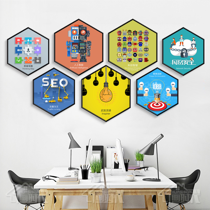 六边形励志装饰画互联网络科技公司办公室企业文化墙挂画标语壁画