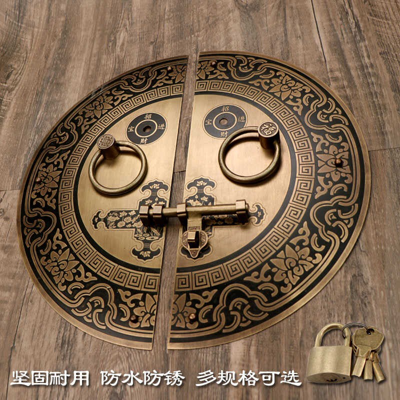 中式仿古圆形铜拉手家具别墅复古黄铜古建大门刻花半圆形把手门栓