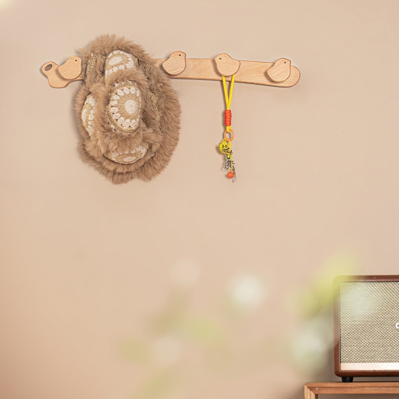 小鸟实木挂衣钩进门玄关入户门衣帽挂钩儿童房墙上免打孔挂衣架子