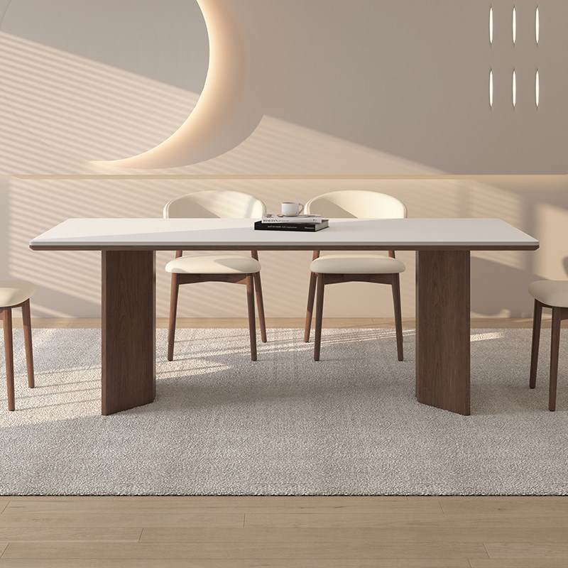 德利丰实木岩板餐桌全托长方形家用奶油中古风小户型高级感饭桌子