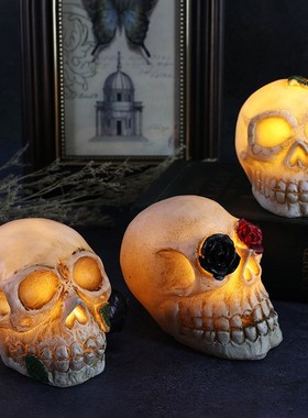 万圣节骷髅头灯 鬼节树脂骷髅头摆件LED电子蜡烛灯装饰道具南瓜灯
