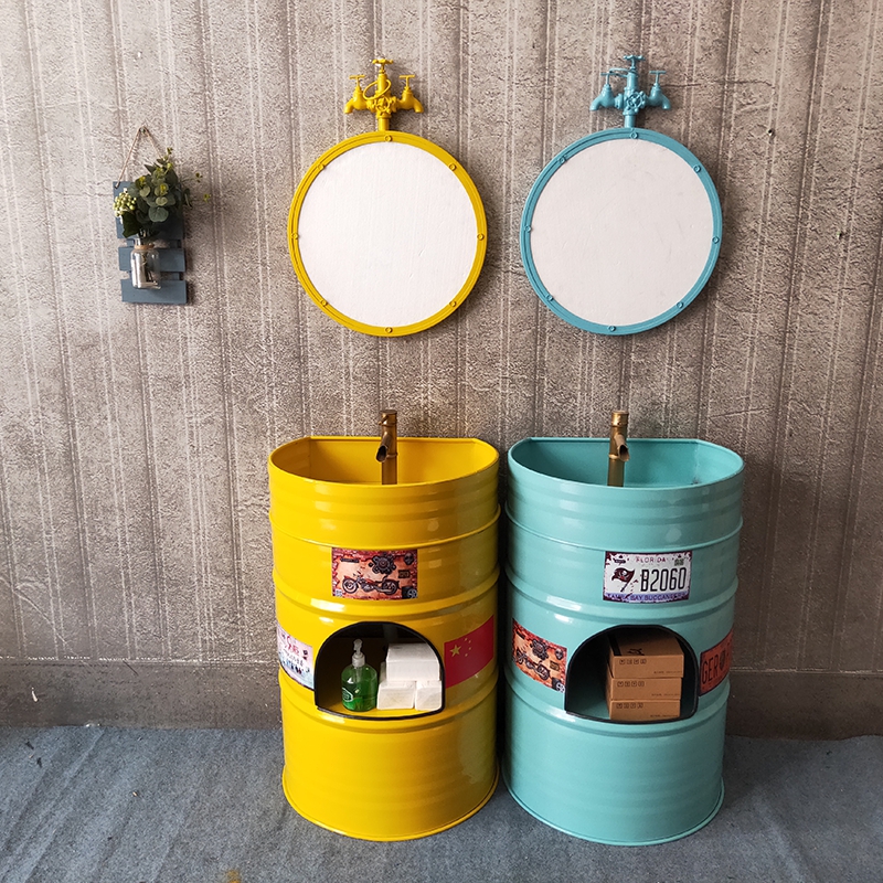 铁艺工业风洗手盆创意油桶复古洗手池一体立柱洗手台落地式洗脸盆