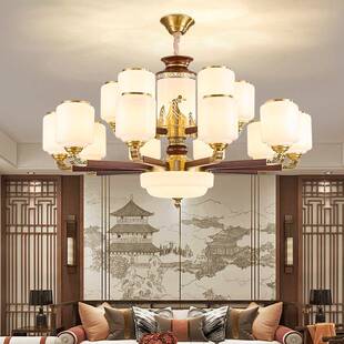 新中式吊灯客厅灯全铜实木中国风简约大气别墅复式楼工程大厅灯具
