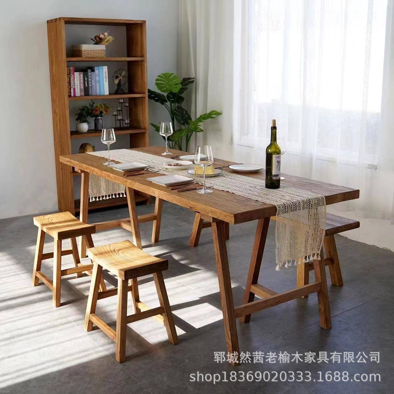 中式老榆木茶桌实木长方形门板餐桌家居简易喝茶办公桌椅实木茶桌