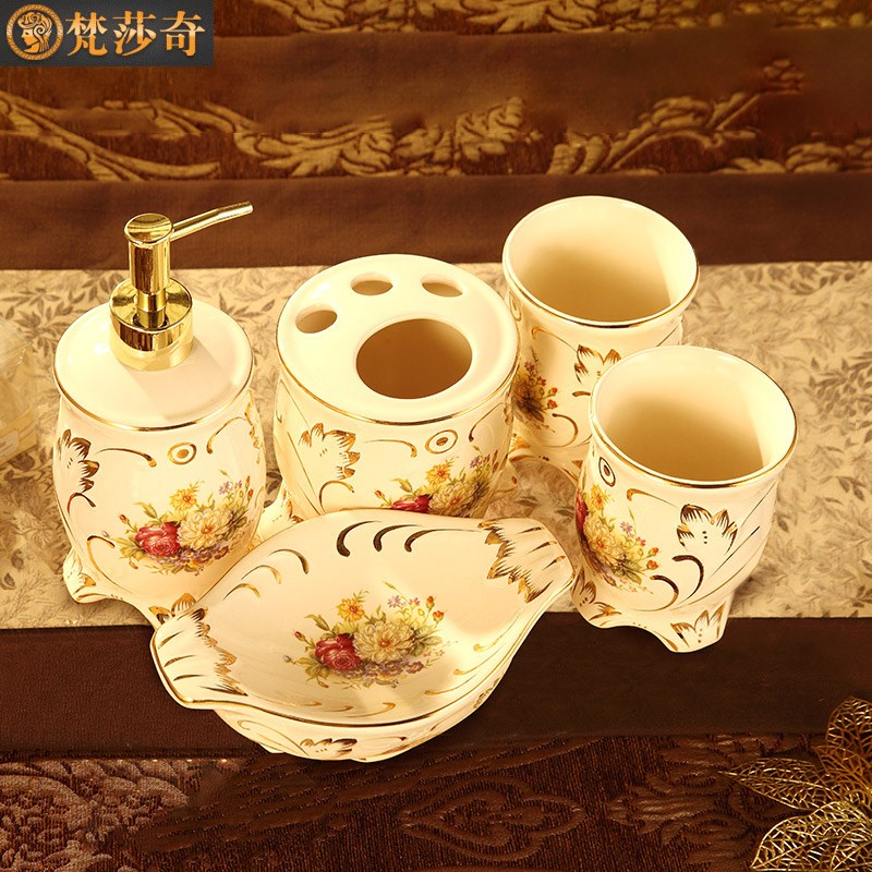 欧式陶瓷卫浴五件套浴室用品家用洗漱套装牙刷杯漱口杯牙缸架套件
