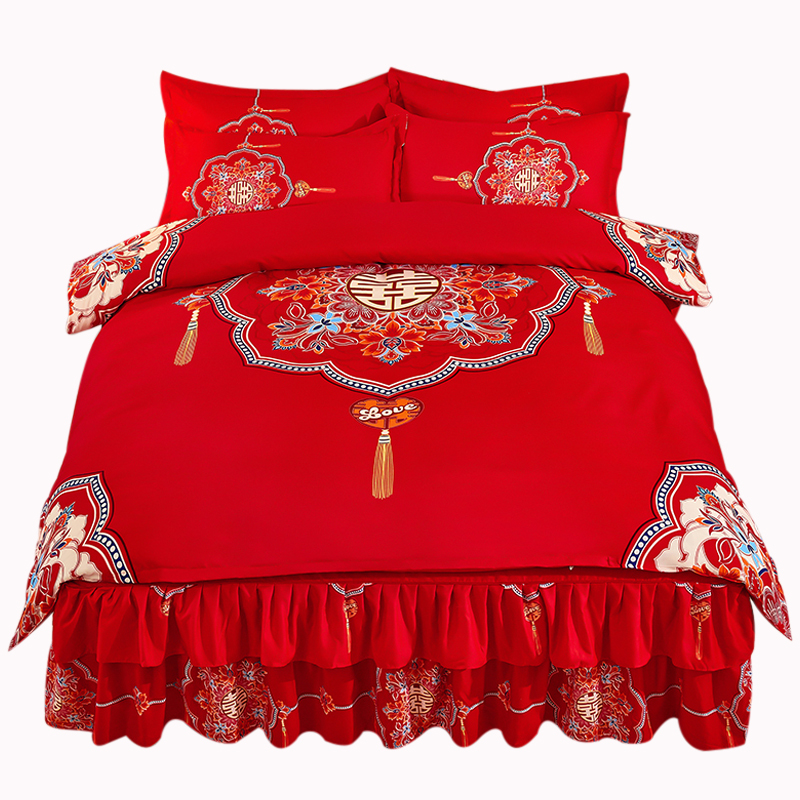 结婚床上用品四件婚庆大红色新婚礼床裙款磨毛床单被罩裸睡喜被