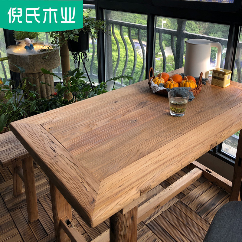 老榆木门板茶桌复古餐桌怀旧木板原木茶台风化民宿饭店桌椅老木头