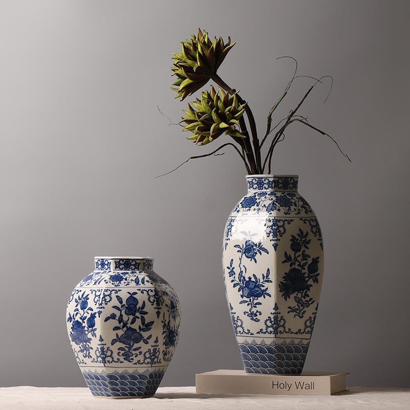 FVI中式青花海瓷纹折纸花果纹装饰品陶瓷花瓶创意插花水摆件三件