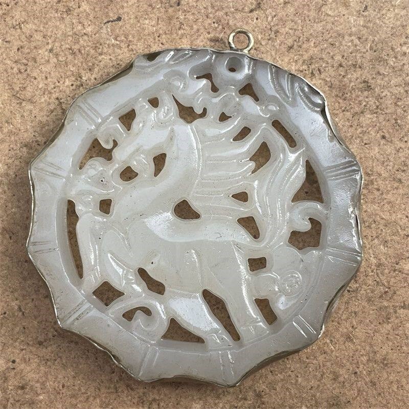 旧古和田玉岫玉包银边玉雕挂件古玉老玉复古玉佩牌子飞马玉器收藏