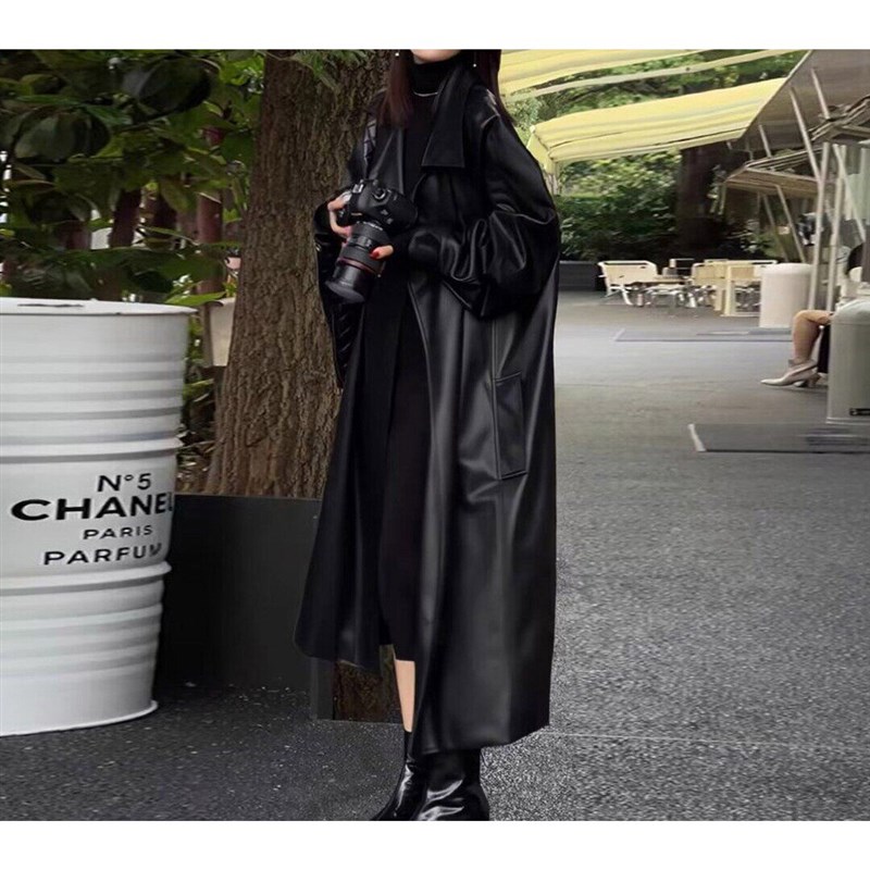 春秋气质英伦风皮质风衣外套女长款宽松显瘦皮衣过膝大衣