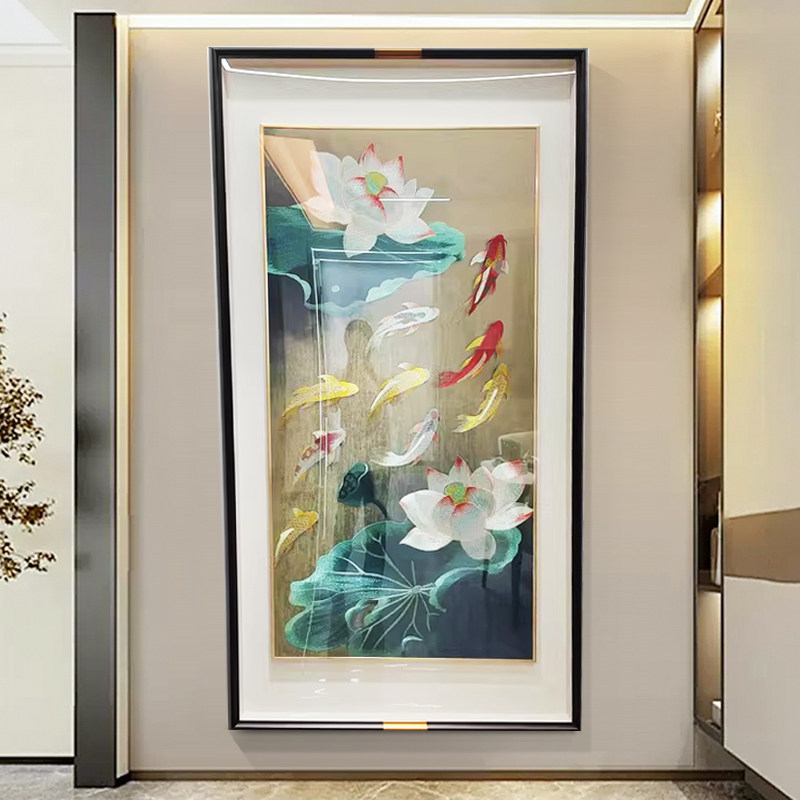 荷花九鱼图高档刺绣挂画进门玄关走廊走道壁画锦鲤苏绣装饰画竖版