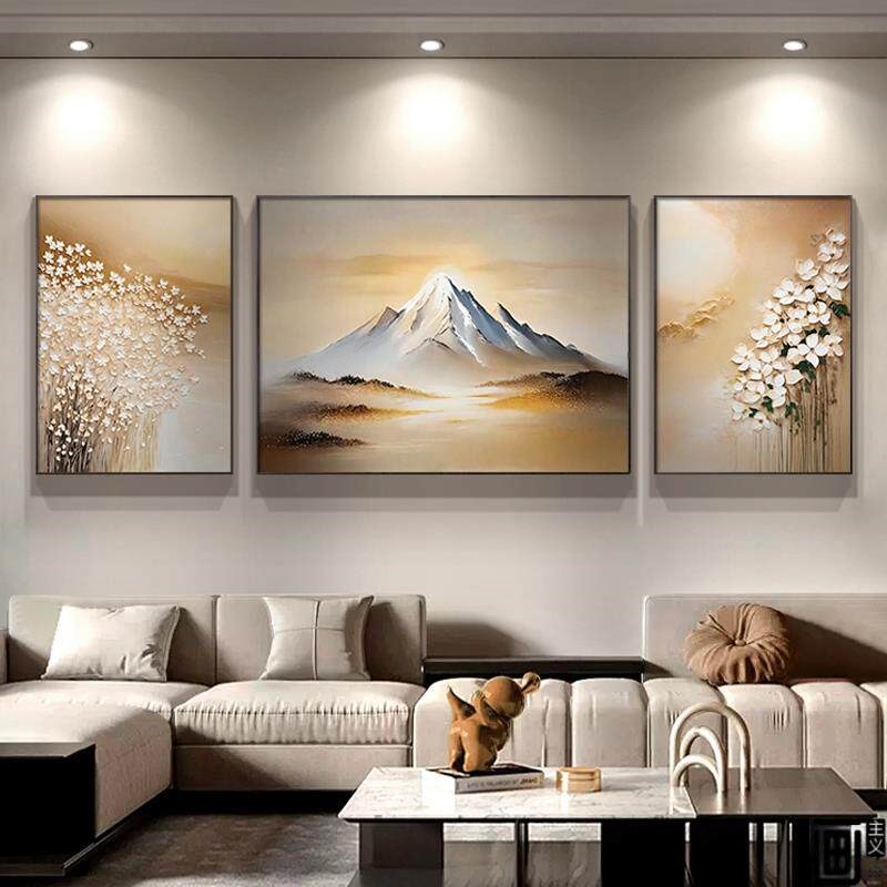 日照金山客厅装饰画寓意好大芬村油画花卉三联沙发背景墙挂画
