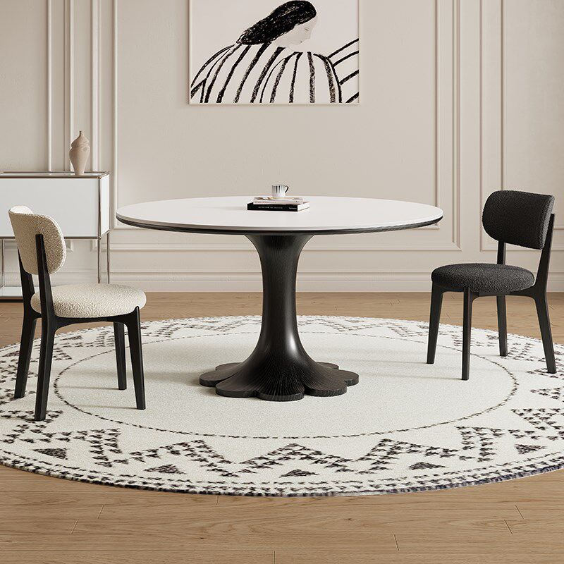 德利丰实木岩板餐桌家用小户型高端法式奶油中古风全托圆形圆桌子