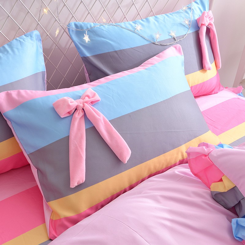 彩虹条纹糖果磨毛床裙床罩单件床床单床笠花边三件防尘罩公主