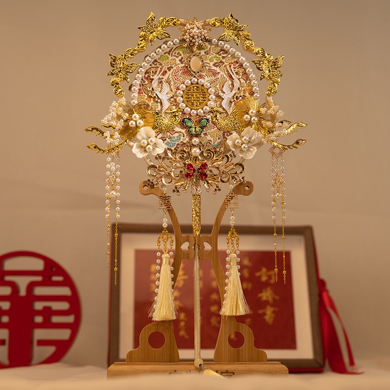 团扇结婚新娘古风中式婚扇高级秀禾成品金色手工diy材料包喜扇