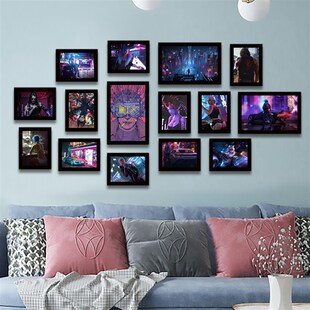 赛博朋克挂画网吧电竞房间装 饰画酒吧组合美少女相框潮图壁画定制