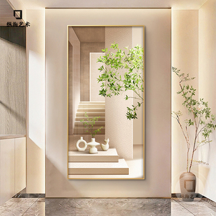 空间延伸感玄关装饰画侘寂风绿植走廊过道挂画高档竖版发光壁灯画