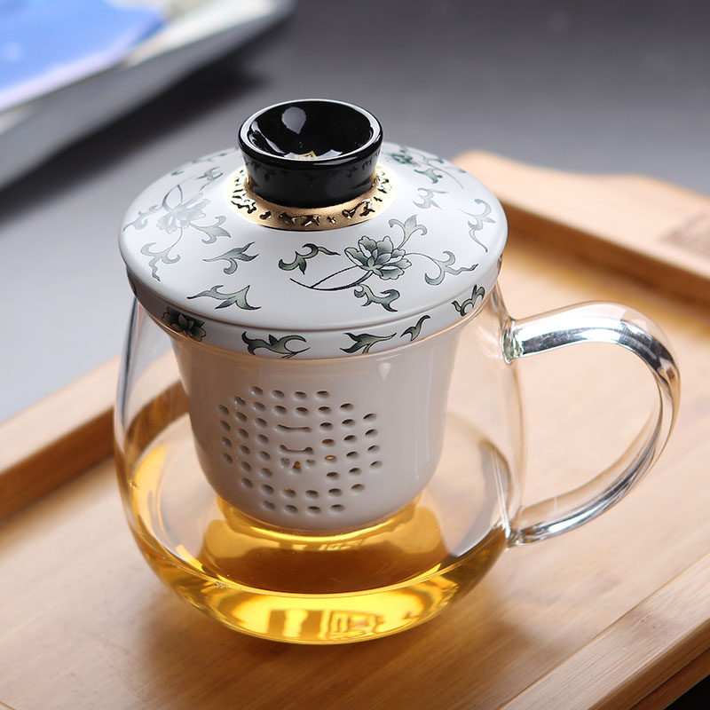 茶杯陶瓷带盖耐热玻璃带把茶杯功夫茶杯一园茶具办公杯泡茶三件
