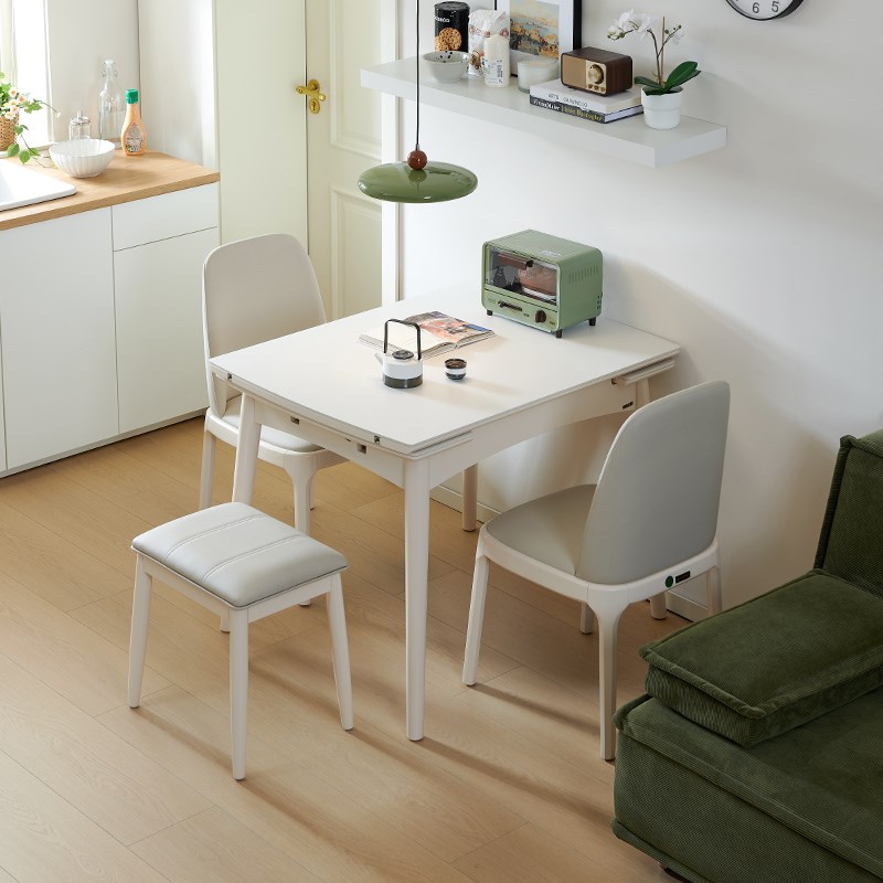 小户型餐桌椅法式奶油风可伸缩折叠家用省空间长方形实木岩板饭桌