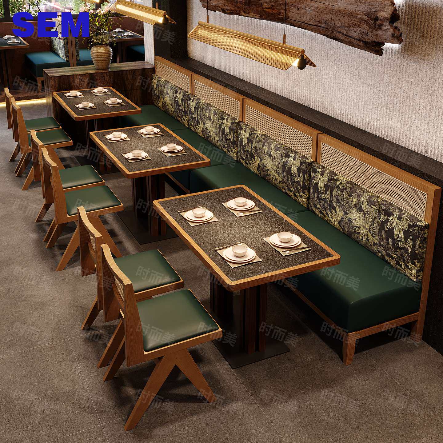 山野风中餐厅湘菜馆火烧石餐桌网红餐饮饭店实木编藤卡座桌椅商用