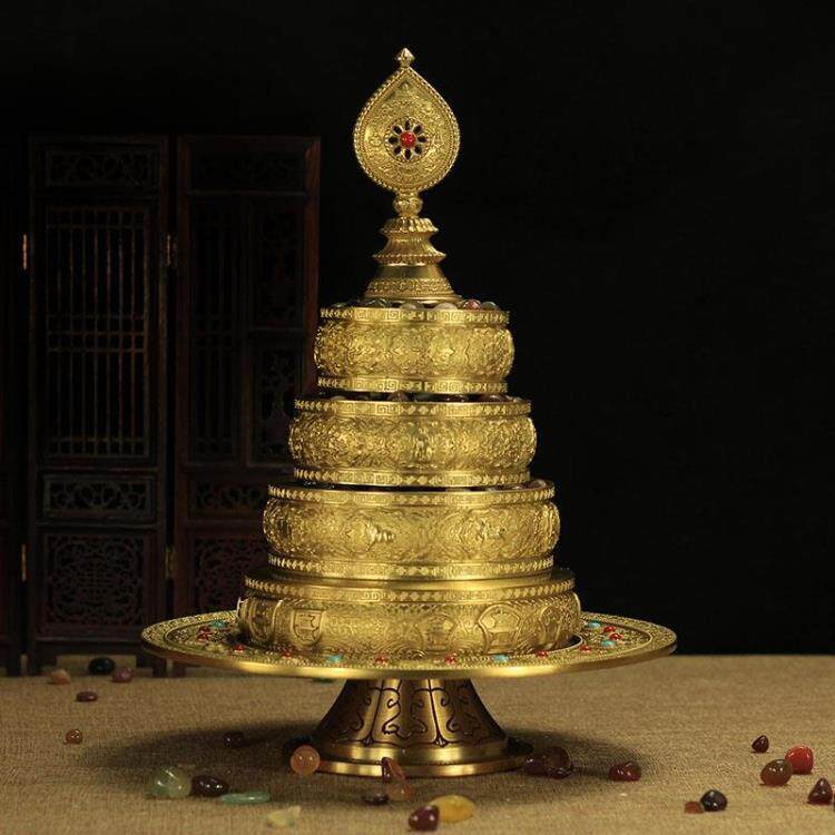 曼扎盘用品纯铜大号八吉祥精美雕刻藏传供品曼茶罗古铜色