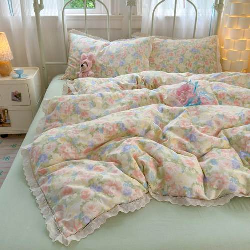 A类清全棉双层莎四件套丝花边纯棉被套床新单小三蕾GBE件套床上用