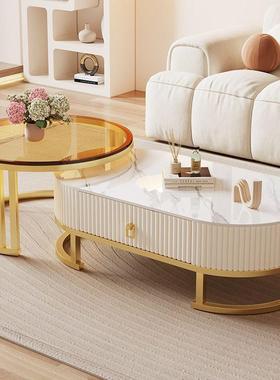 新款奶油茶户合几小型组两用圆形轻风亮光岩板茶几PFS48549客厅家