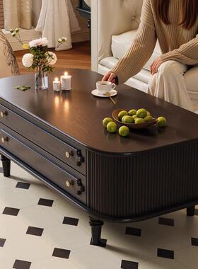 式法复古实木茶客厅家用小户型KTR黑色茶桌几子发高档美式中古沙