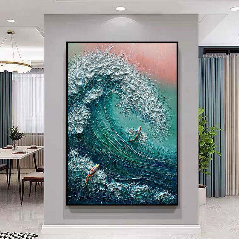 顺丰WWM绘日彩霞浪鲤鱼跃龙门海抽象浮手雕油画餐厅玄关挂画客厅