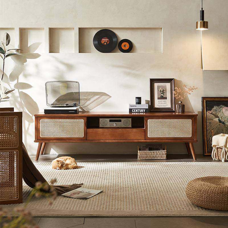 日式实木藤编电视柜小户型厅客复落古地柜一原体靠墙FTP木风储物