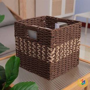 ?纸绳折叠收纳筐手工编织篮子置物盒杂物储物箱正方形藤编收纳框