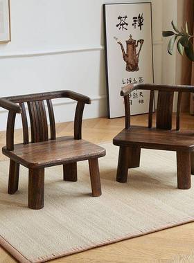 实中式木小椅子带扶几手NTJ靠背凳榻榻米圈子椅矮凳茶飘窗桌休闲