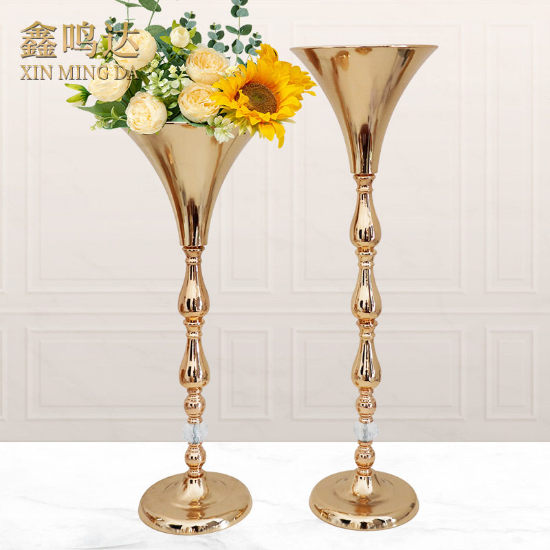 跨境新款铁艺电镀花器金色水晶婚庆道具路引假花花瓶婚礼布置道具
