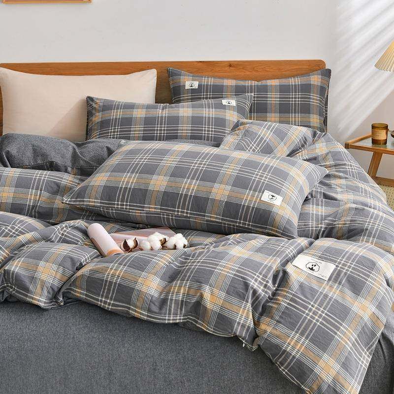 简约风全色织水洗式棉四件套日格子棉UKS学生件宿舍三套床单被套